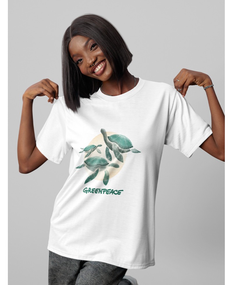 Camiseta unisex blanca con ilustración de tortugas marinas