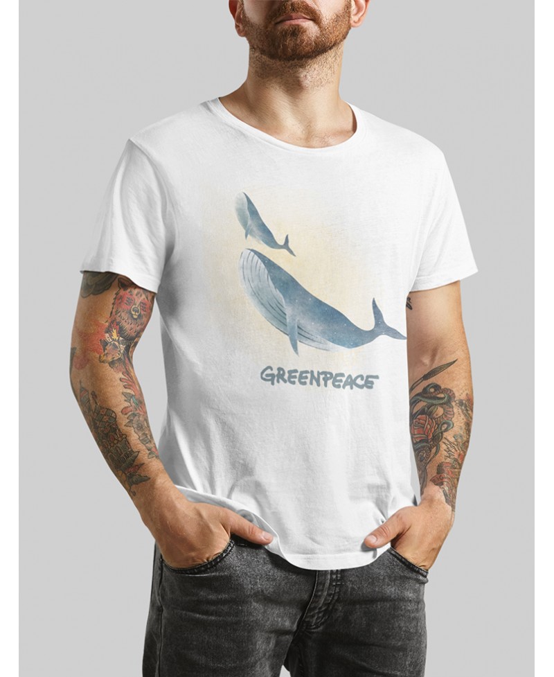 Camiseta unisex blanca con ilustración de ballenas