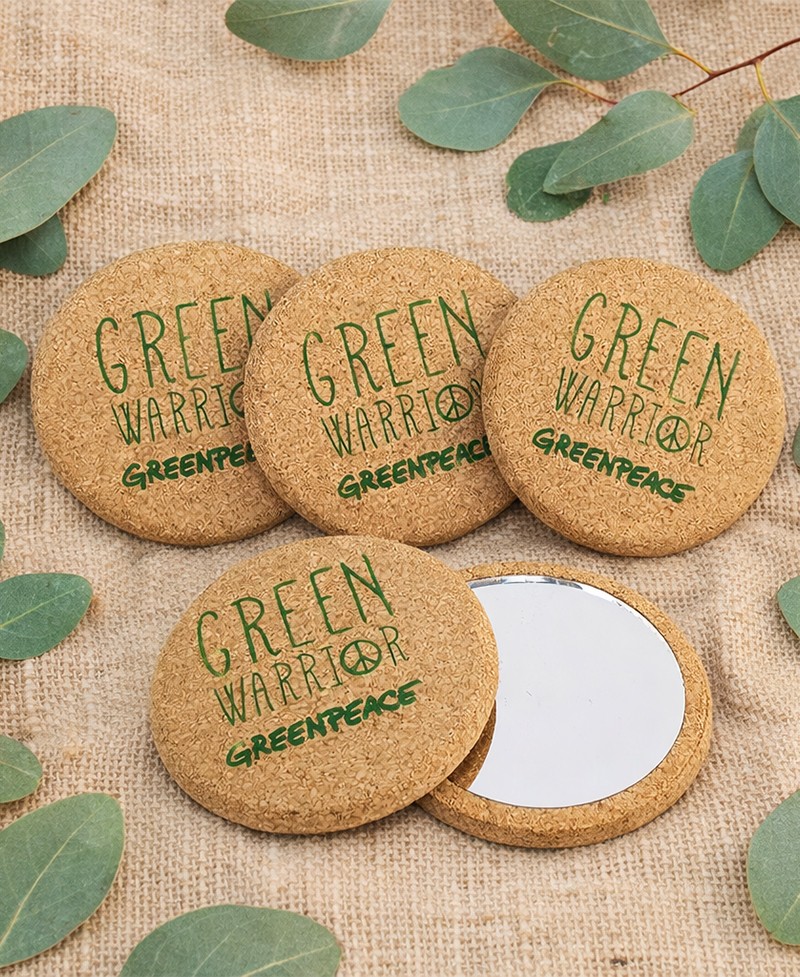 Espejo de bolsillo de corcho natural con diseño Green Warrior