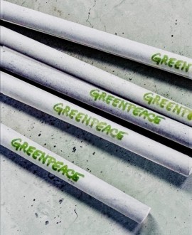 Detalle de lápices ecológicos blancos con logo Greenpeace